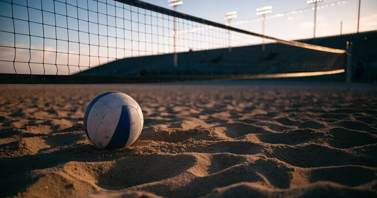 Ein Volleyball liegt auf dem Sand eines Beachvolleyball-Feldes neben dem gespannten Netz, im Hintergrund eine leere Tribüne bei Abendlicht.