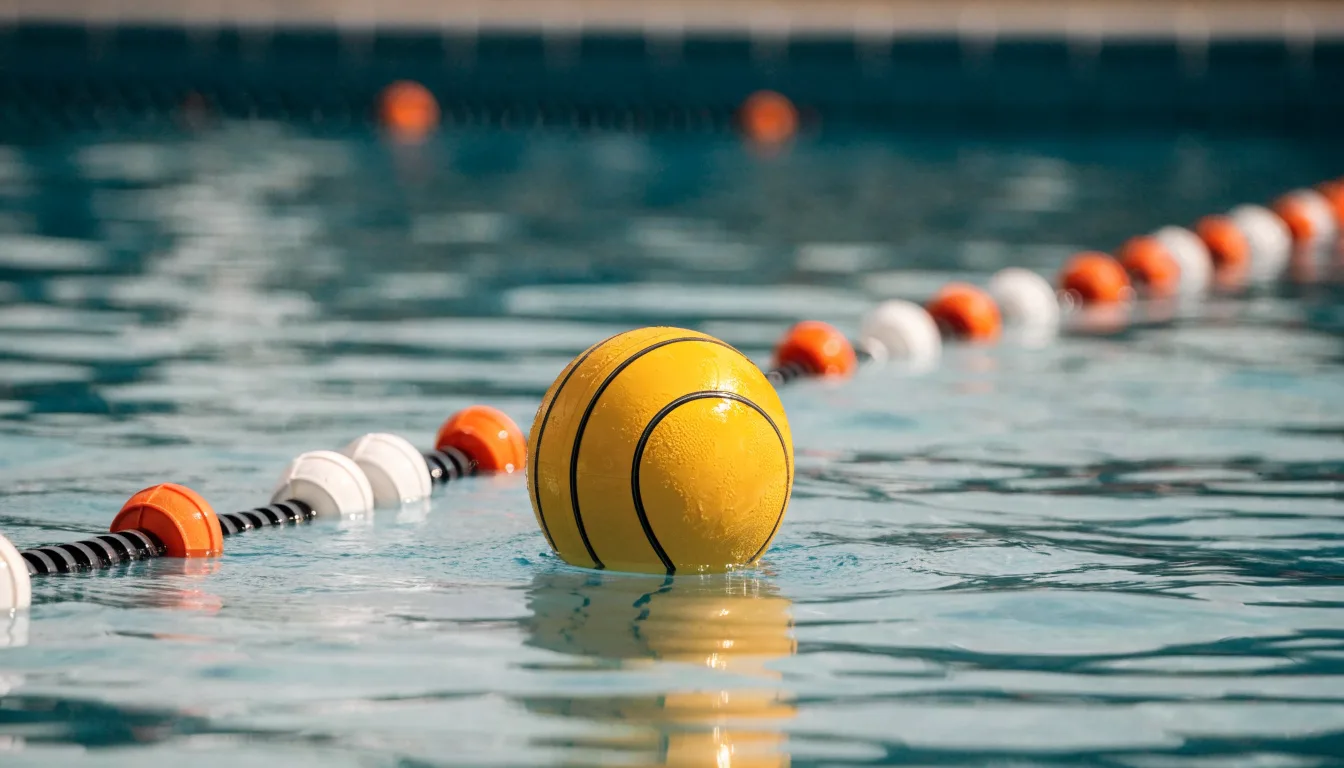 Ein gelber Wasserball treibt in Nahaufnahme auf der Wasseroberfläche neben einer Leine mit Bojen.