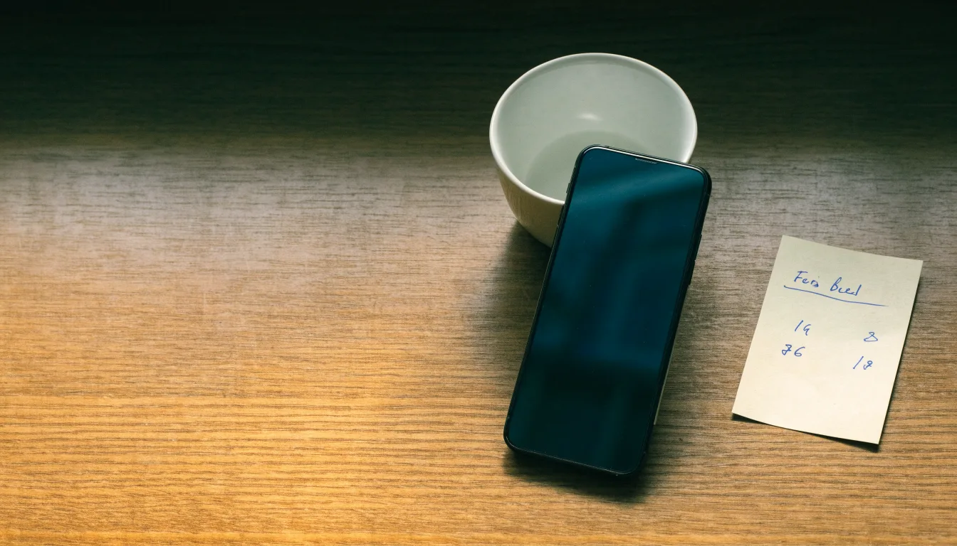 Ein Smartphone mit dunklem Bildschirm lehnt an einer Kaffeetasse auf einem Holztisch, daneben ein blanker Papier-Wettschein.