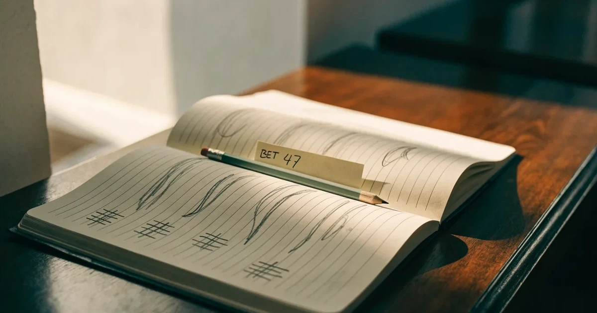 Ein Notizbuch mit handgezeichneten Kurven und Strichlisten liegt aufgeschlagen neben Bleistift und Radiergummi auf einem Schreibtisch im Tageslicht.