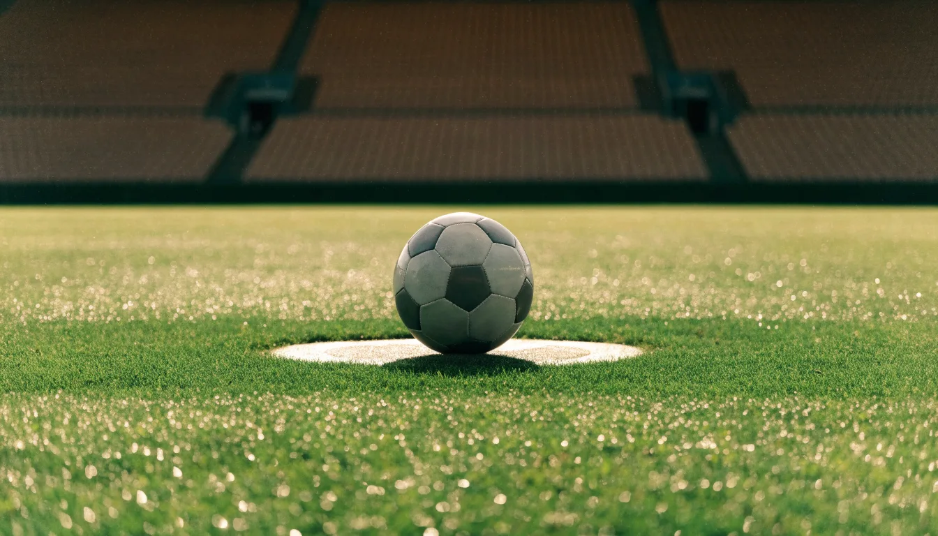 Ein Fußball liegt auf dem Anstoßpunkt eines Rasenplatzes im ersten Morgenlicht, Tau glänzt auf dem Gras.