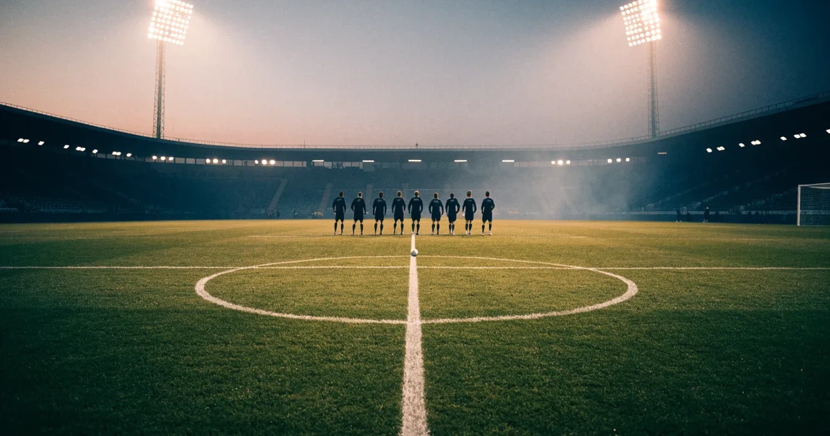 Ein Rasenplatz in der Dämmerung mit eingeschalteten Flutlichtmasten, ein Ball liegt am Anstoßpunkt, die Tribünen im Hintergrund sind unscharf.