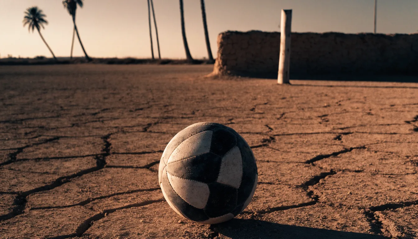 Ein Fußball liegt auf einem staubigen Bolzplatz mit Palmen im Hintergrund in warmem Abendlicht.