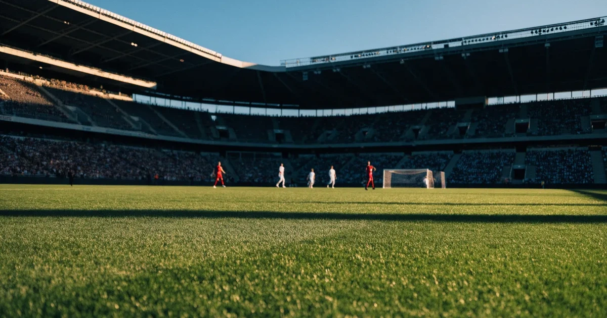 Ein Fußballstadion mit hellen Rängen unter strahlend blauem Himmel, davor ein sonnenbeschienener Rasen mit frisch gemähten Streifen.