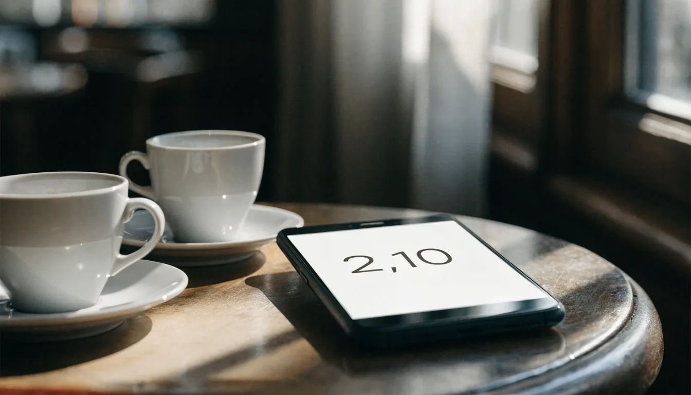 Zwei Kaffeetassen und ein dunkles Smartphone stehen auf einem Café-Tisch am Fenster im Morgenlicht.