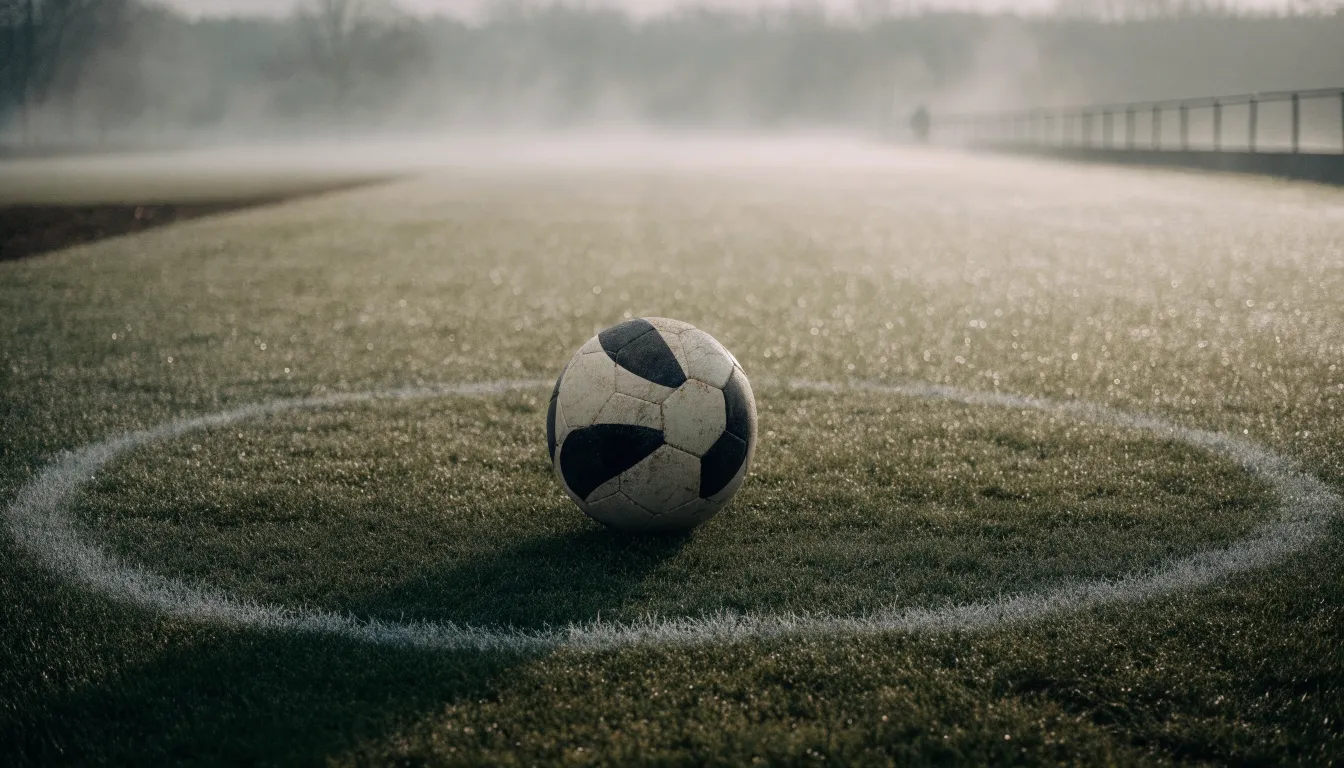 Ein abgewetzter Fußball liegt auf dem Anstoßkreis eines Naturrasens im Morgennebel.