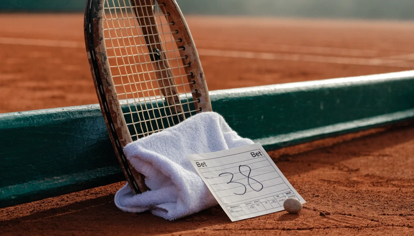 Ein Tennisschläger lehnt an einer dunkelgrünen Bande ohne Aufschrift auf einem Sandplatz, daneben liegt ein Handtuch.