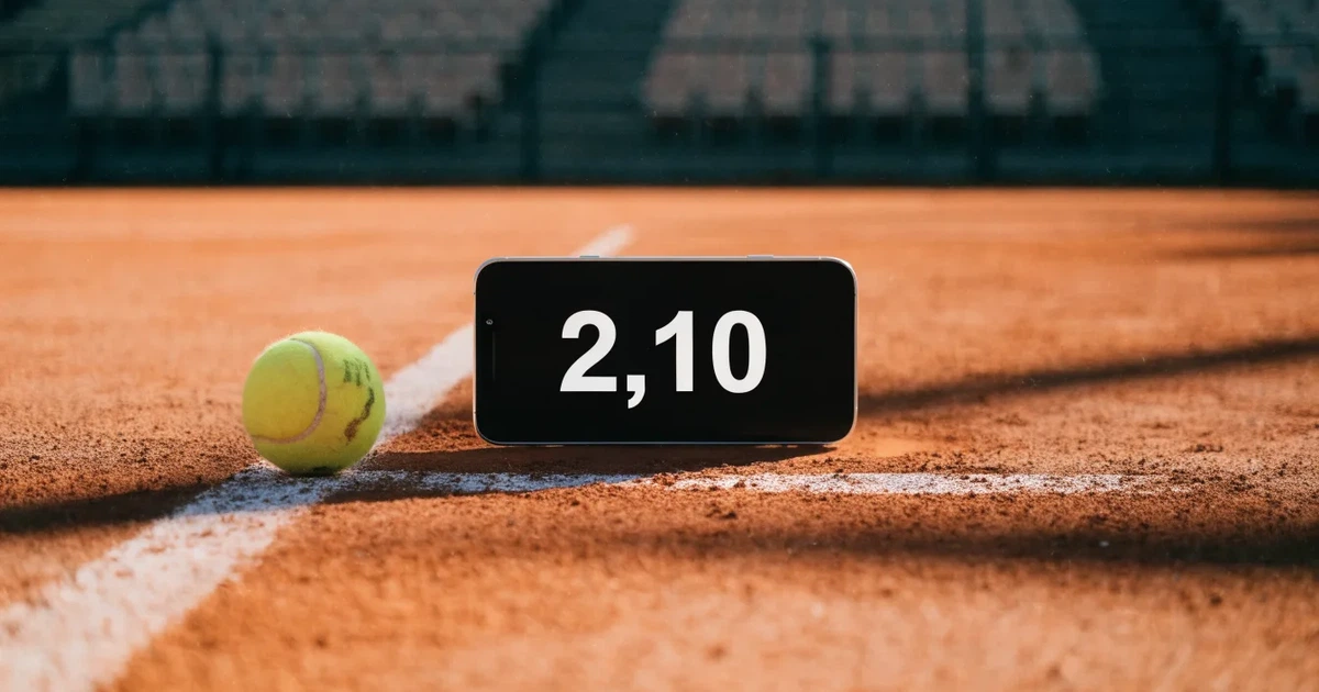 Ein Sandplatz mit rötlichem Belag und gezogenen weißen Linien, ein einzelner Tennisball liegt neben der Linie, im Hintergrund eine leere Tribüne.