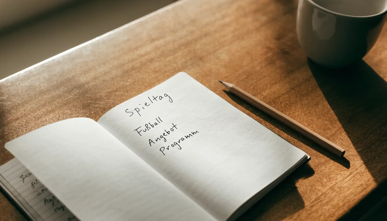 Ein aufgeschlagenes Notizbuch mit handschriftlichen Skizzen liegt neben einem Bleistift auf einem Holztisch, daneben eine Tasse Kaffee.