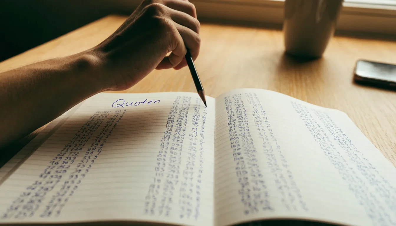 Ein Taschenrechner und ein Bleistift liegen auf einem Schreibtisch neben einem aufgeschlagenen Notizbuch mit handschriftlichen Zahlenreihen.