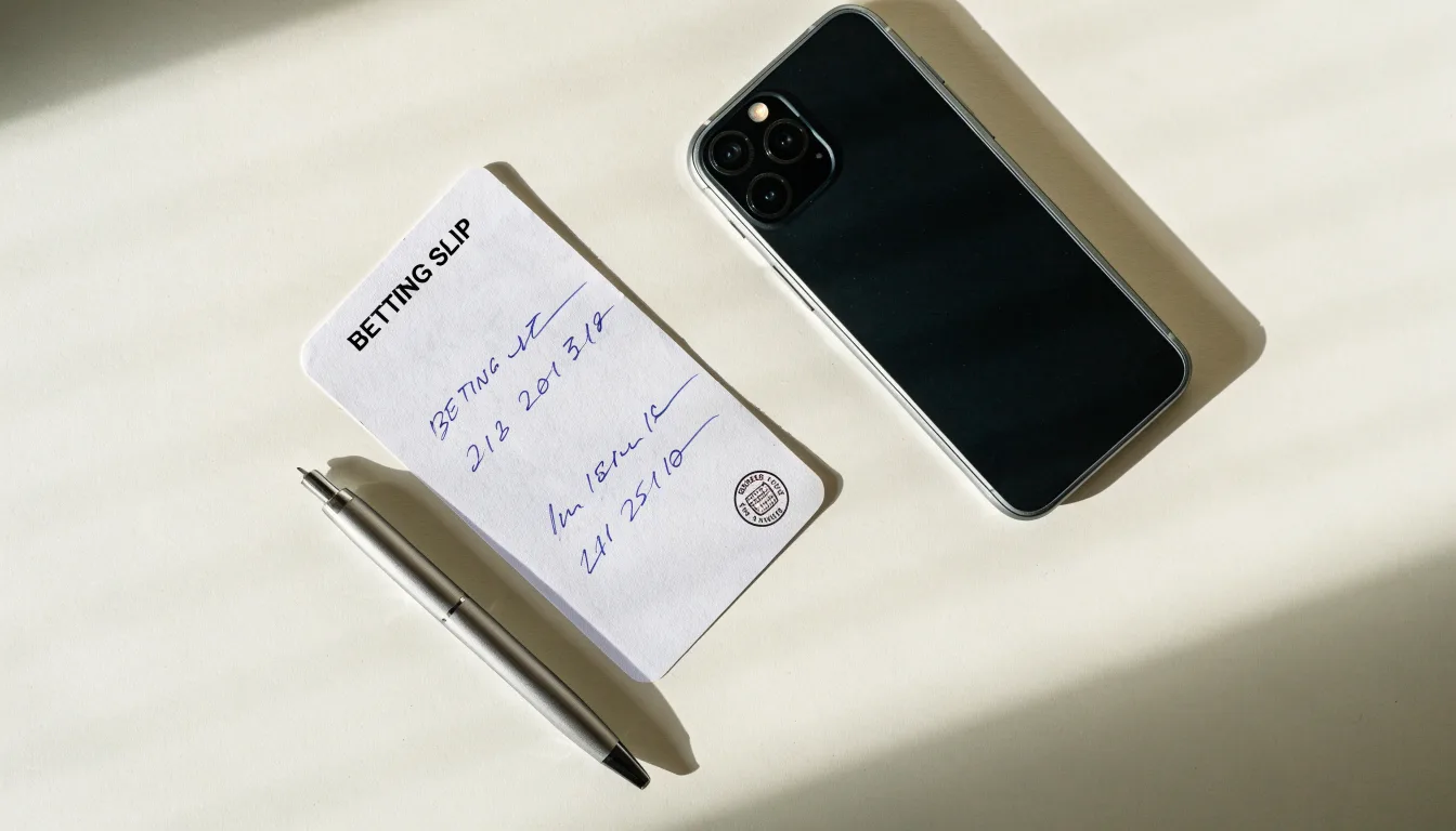 Ein leerer Papier-Wettschein liegt neben einem Smartphone mit dunklem Display auf einer hellen Tischplatte, daneben ein Kugelschreiber.
