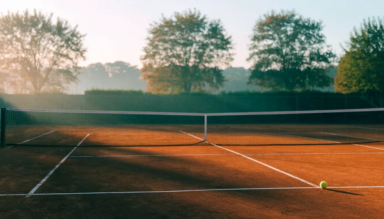 Ein Tennisplatz bei Sonnenaufgang, Netz und Grundlinien im weichen Licht, niemand ist zu sehen.