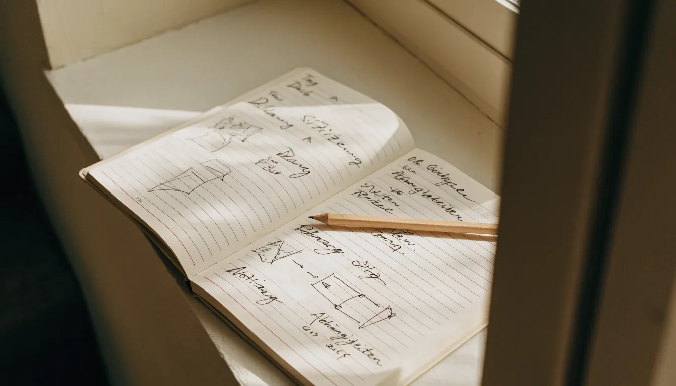 Ein aufgeschlagenes Notizbuch mit handschriftlichen Skizzen und ein Bleistift liegen auf einer Fensterbank im Tageslicht.