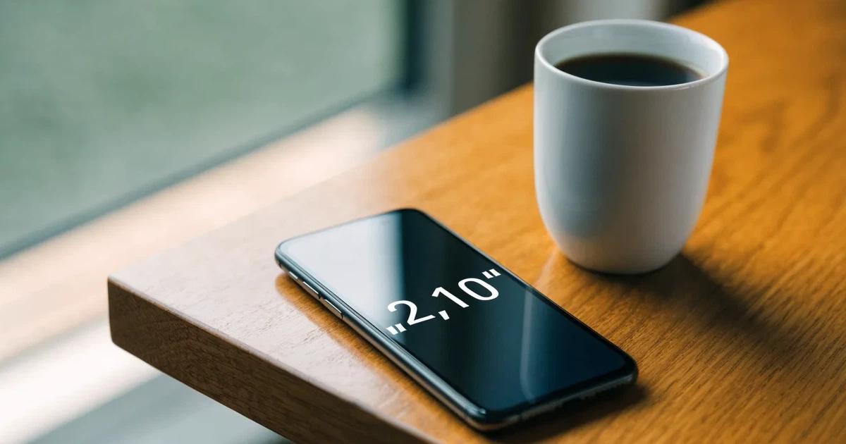 Ein Smartphone mit dunklem Display liegt auf einem Holztisch neben einer Tasse Kaffee, im Hintergrund ein unscharfes Fenster.
