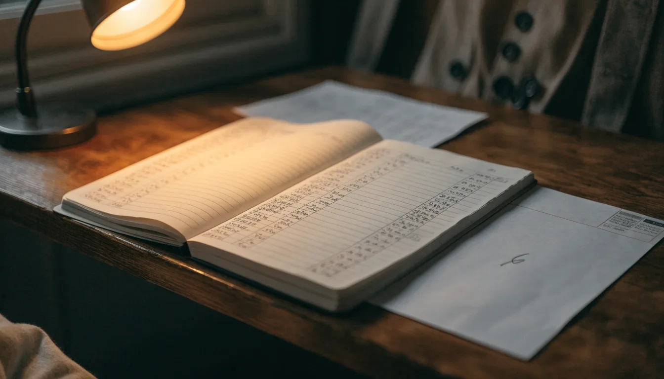 Ein Taschenrechner und ein Notizbuch mit handschriftlichen Zahlenreihen liegen auf einem Schreibtisch unter einer Lampe.