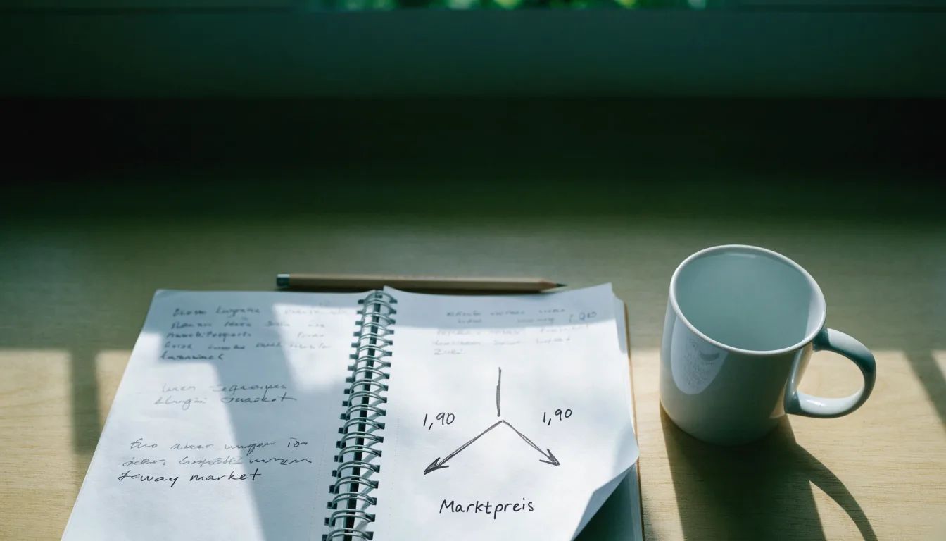 Ein aufgeschlagenes Notizbuch mit handschriftlichen Skizzen und ein Bleistift liegen auf einem Schreibtisch neben einer Tasse Tee.