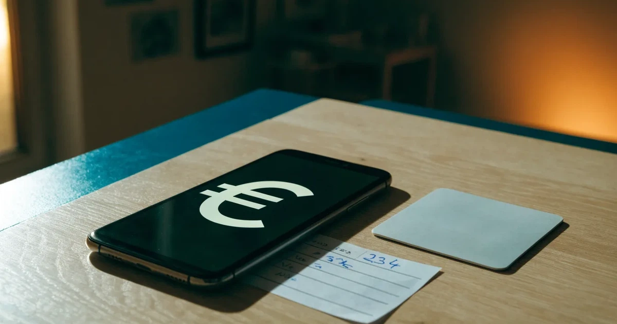 Eine Plastikkarte ohne Aufdruck liegt neben Münzen und einem Smartphone mit dunklem Display auf einem hellen Tisch.
