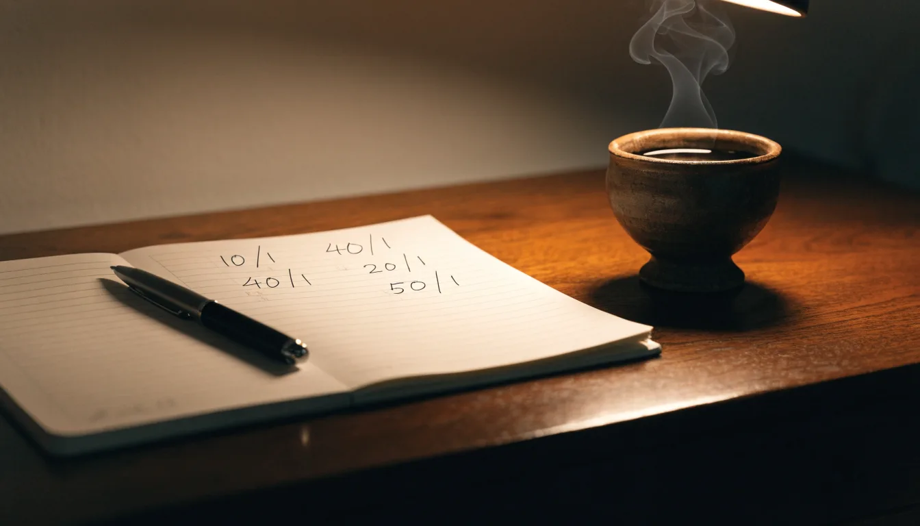 Ein Taschenrechner und ein Bleistift liegen auf einem Schreibtisch neben einer Tasse Kaffee im Licht einer Lampe.