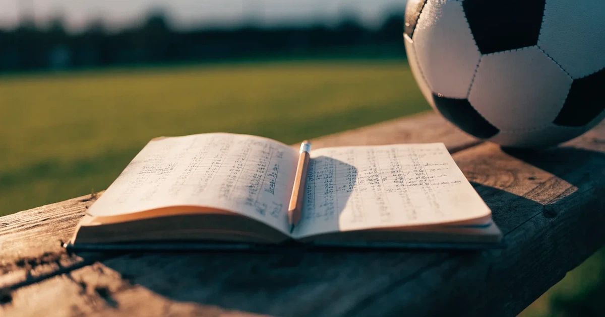 Ein Notizbuch mit handschriftlichen Zahlenkolonnen und ein Bleistift liegen neben einem Fußball auf einer Holzbank.