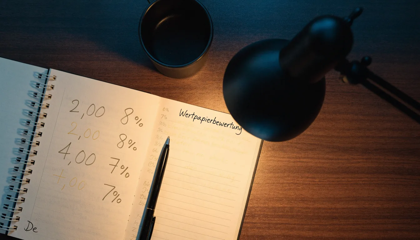 Ein Taschenrechner und ein aufgeschlagenes Notizbuch mit handschriftlichen Zahlenreihen liegen unter einer Schreibtischlampe.