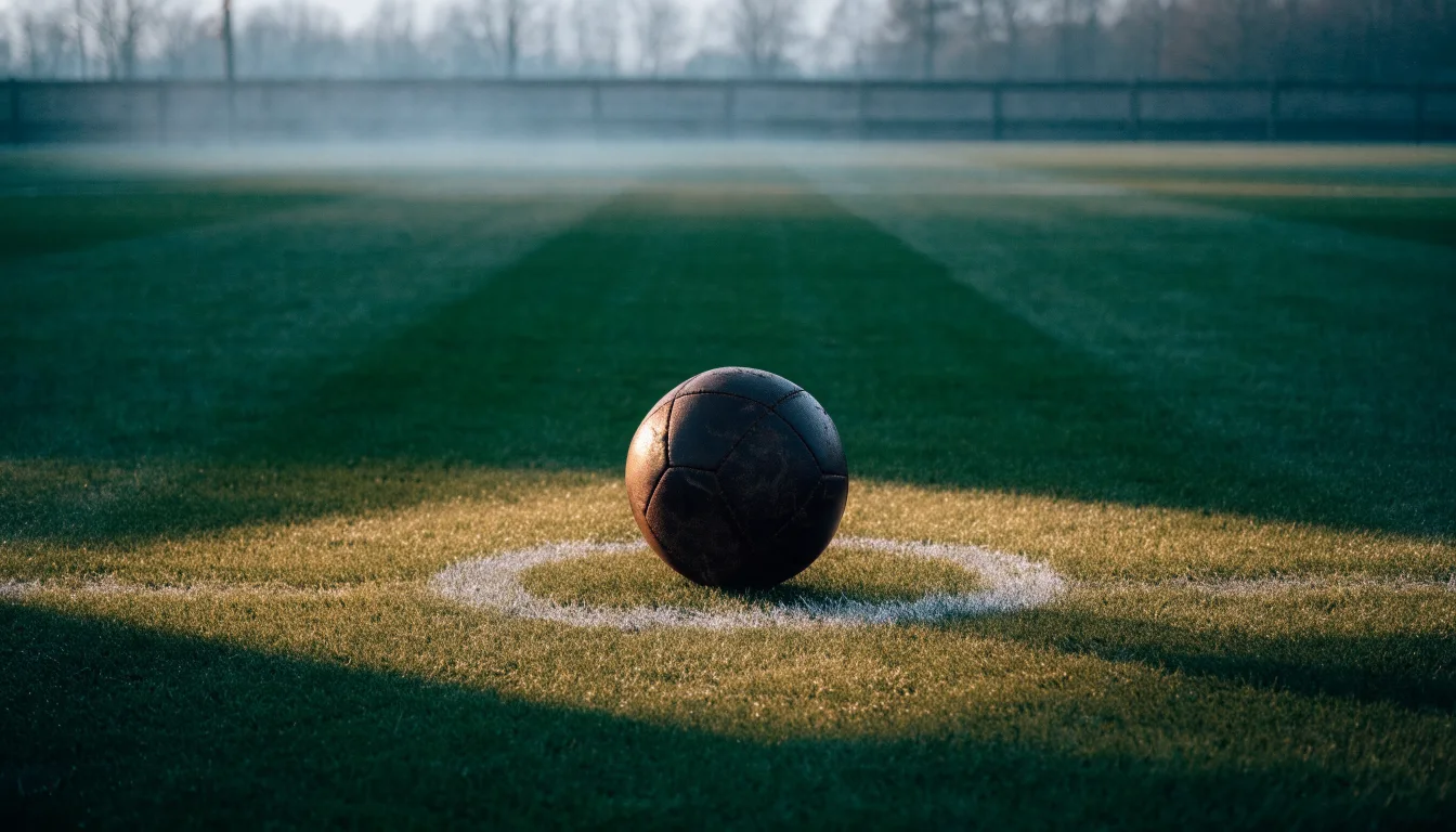 Ein Fußball liegt allein auf dem Anstoßpunkt eines leeren Rasenplatzes im Morgenlicht, am Rand ein niedriger Zaun.