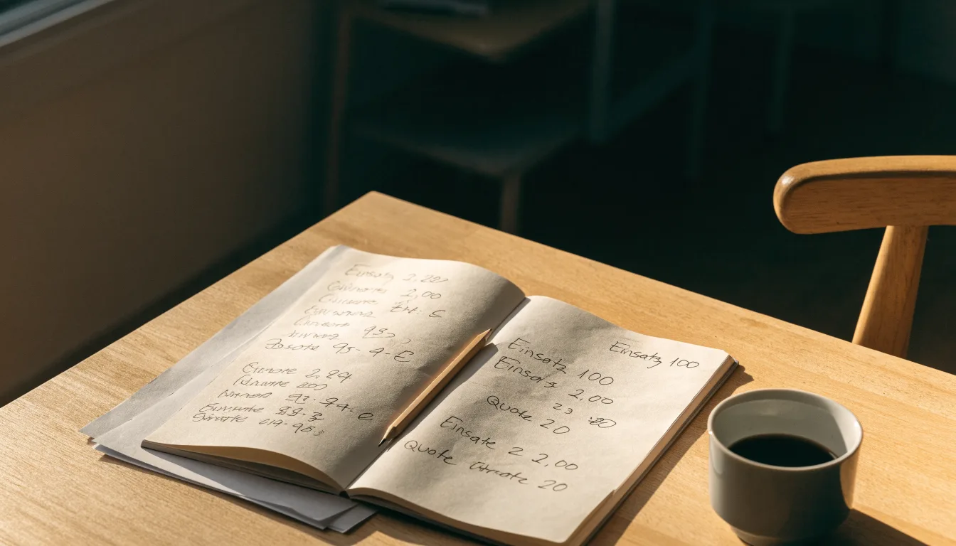 Ein Notizbuch mit handschriftlichen Rechnungen und ein Taschenrechner liegen auf einem hellen Schreibtisch neben einer Kaffeetasse.