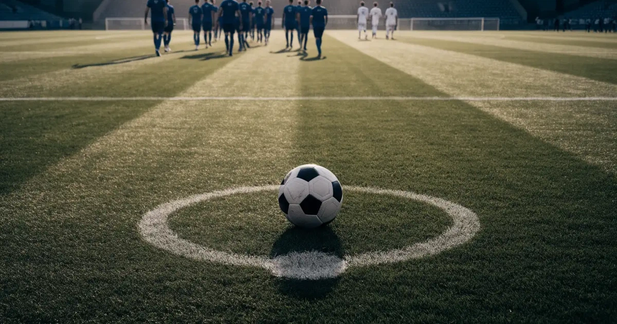 Ein Fußball liegt auf dem Anstoßpunkt eines Rasenplatzes, dahinter leere Tribünen im Licht des frühen Morgens.