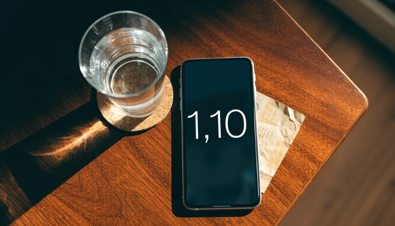 Ein Smartphone liegt mit dem Display nach unten auf einem Holztisch neben einem Glas Wasser, Abendlicht fällt durch ein Fenster.
