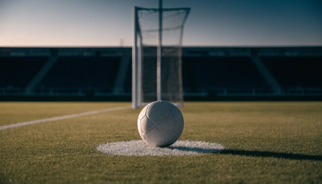 Ein Fußball liegt auf dem Anstoßpunkt eines leeren Rasenplatzes, dahinter ragen dunkle Ränge in den Abendhimmel.