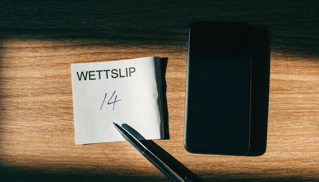 Ein Smartphone mit dunklem Display liegt neben einem leeren Papier-Wettschein und einem Stift auf einem Holztisch.