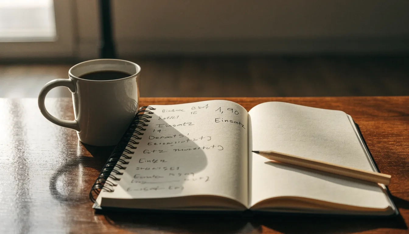 Ein Notizbuch mit handschriftlichen Notizen und einem Bleistift liegt auf einem Tisch, daneben steht eine Kaffeetasse im Morgenlicht.