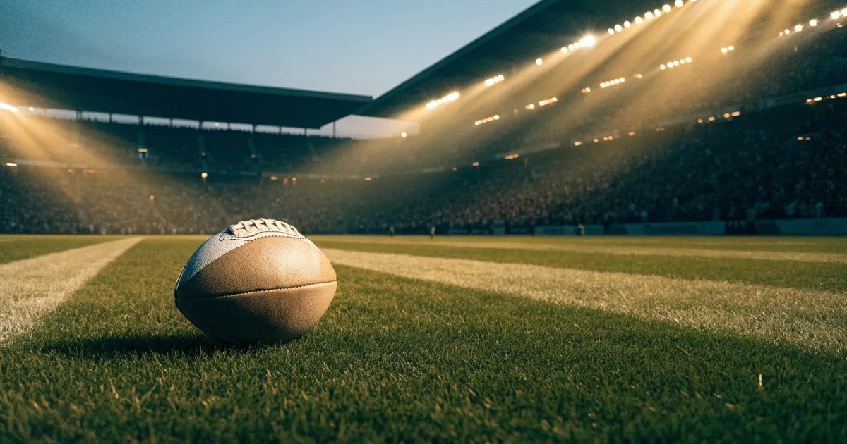 Ein American-Football-Ball liegt auf einem Rasenplatz unter Flutlicht, im Hintergrund eine große Tribüne in der Dämmerung.