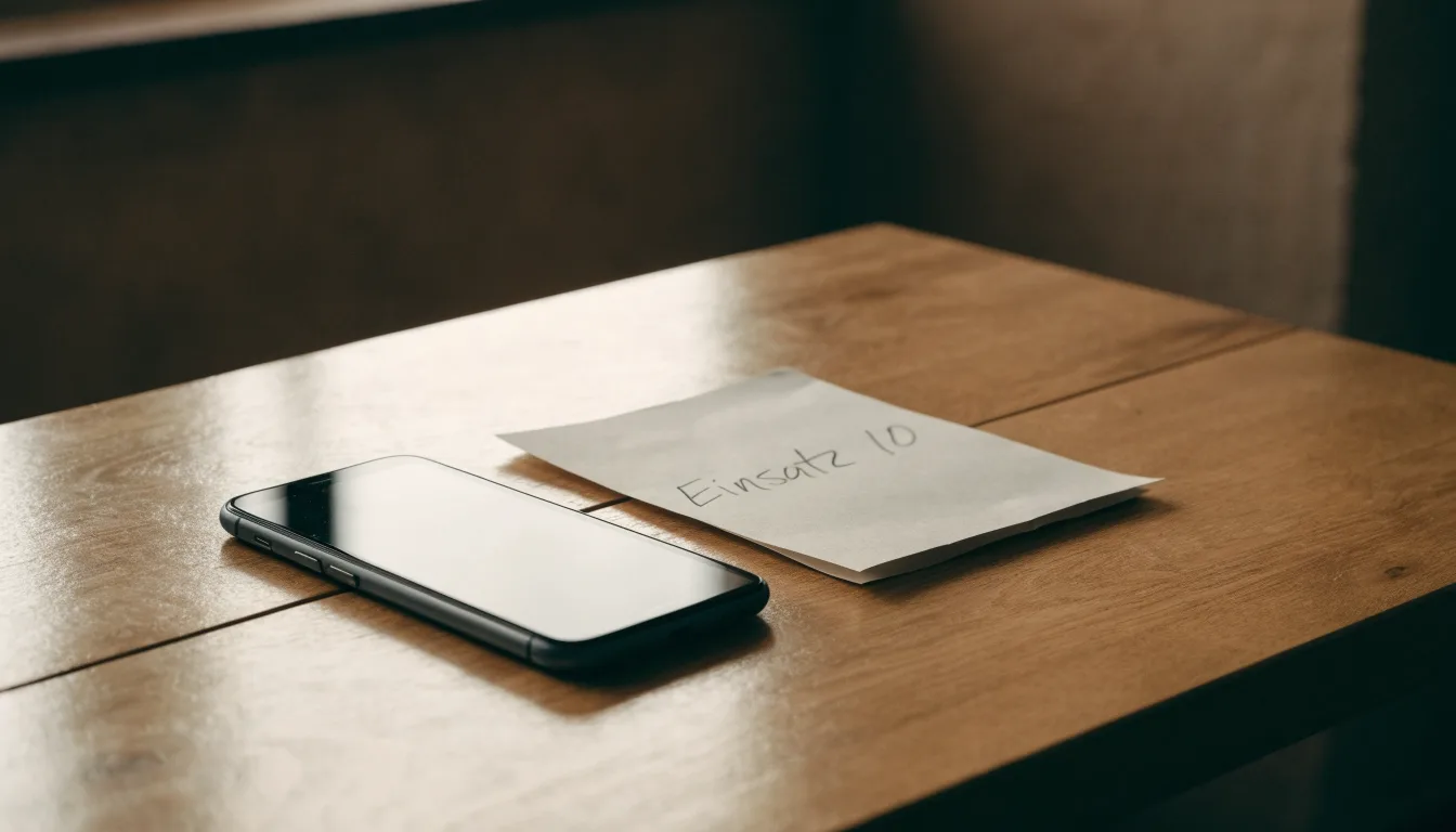Ein Smartphone liegt mit dunklem Display auf einem Holztisch neben einem leeren Papier-Wettschein, Licht fällt von einem Fenster.
