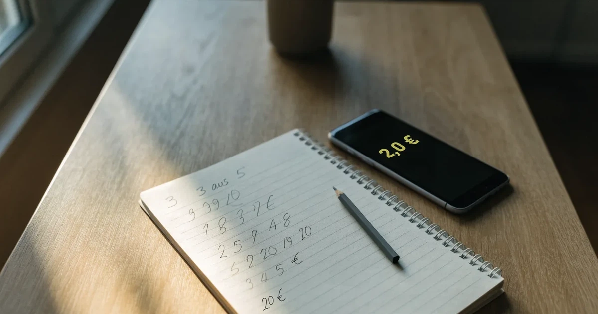 Ein Notizbuch mit handschriftlichen Notizen und einem Bleistift liegt neben einem Taschenrechner auf einem aufgeräumten Schreibtisch.