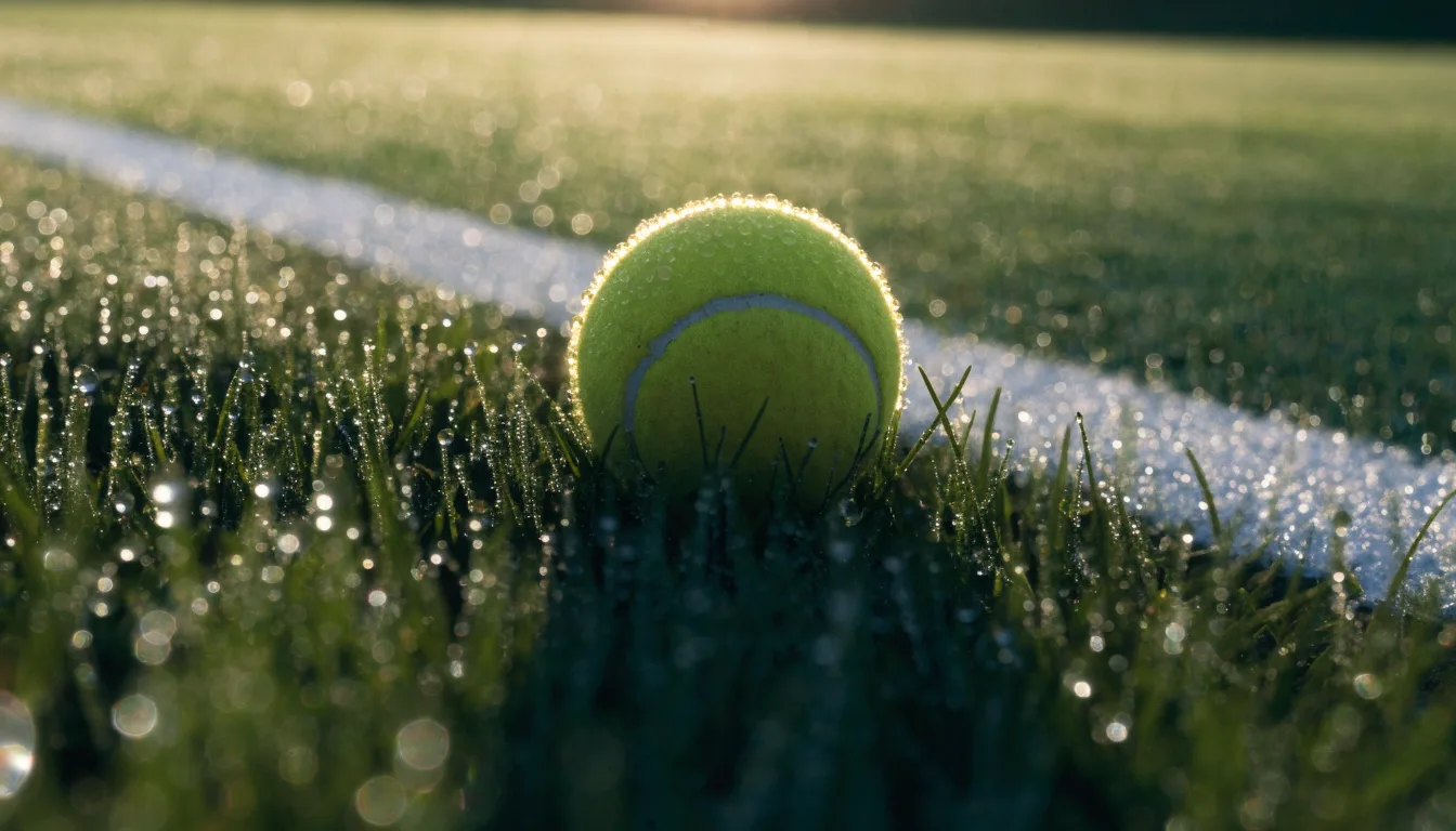 Ein Tennisball liegt auf frisch gemähtem Gras neben einer weißen Linie, Tautropfen glänzen im Gegenlicht.