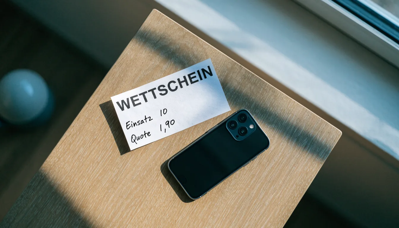 Ein Smartphone mit dunklem Display liegt neben einem leeren Papier-Wettschein auf einem Tisch am Fenster.