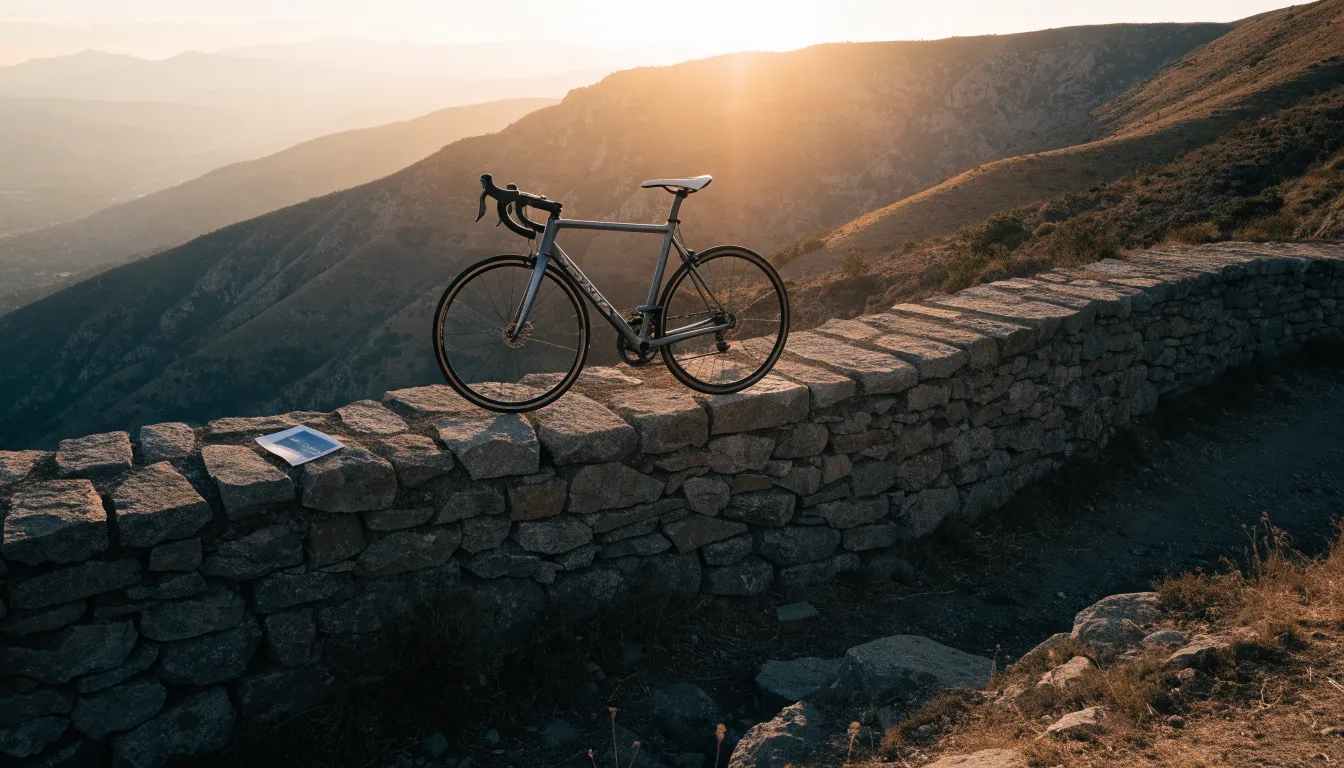 Ein Rennrad lehnt an einer Steinmauer in einer Bergkurve, im Hintergrund eine weite Hügellandschaft im Gegenlicht.