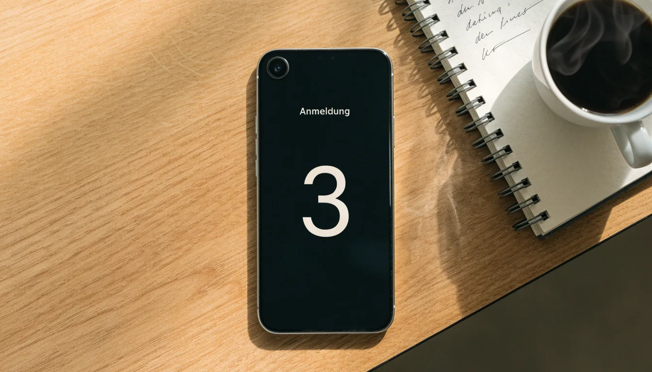 Ein Smartphone liegt auf einem Tisch neben einem Notizbuch mit handschriftlichen Notizen und einer Tasse Kaffee.