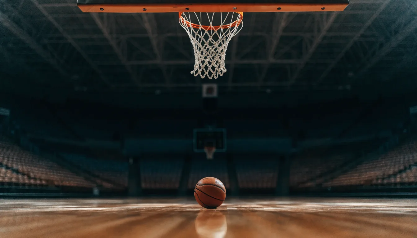 Ein Basketballkorb in einer leeren Halle, der Ball liegt unter dem Brett auf dem Parkett.