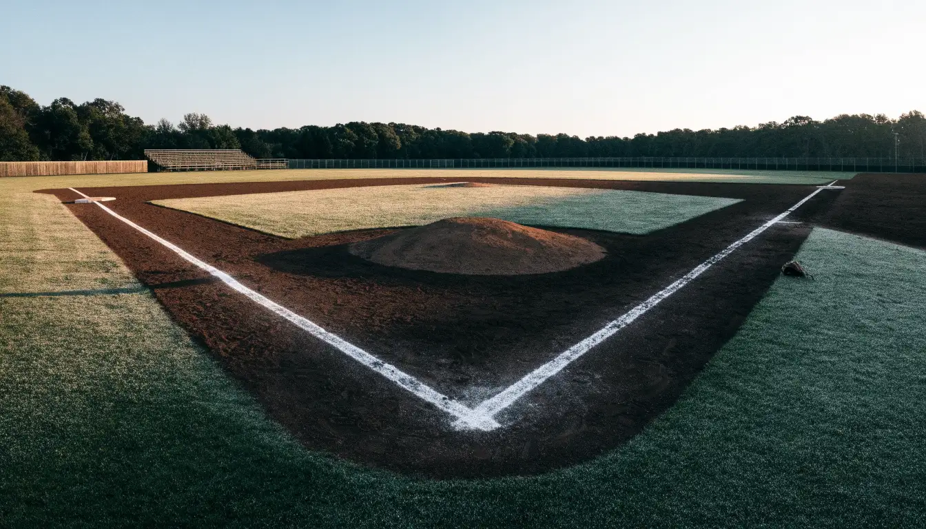 Ein Baseballfeld mit leerem Infield im Morgenlicht, die Linien frisch gezogen, keine Spieler im Bild.