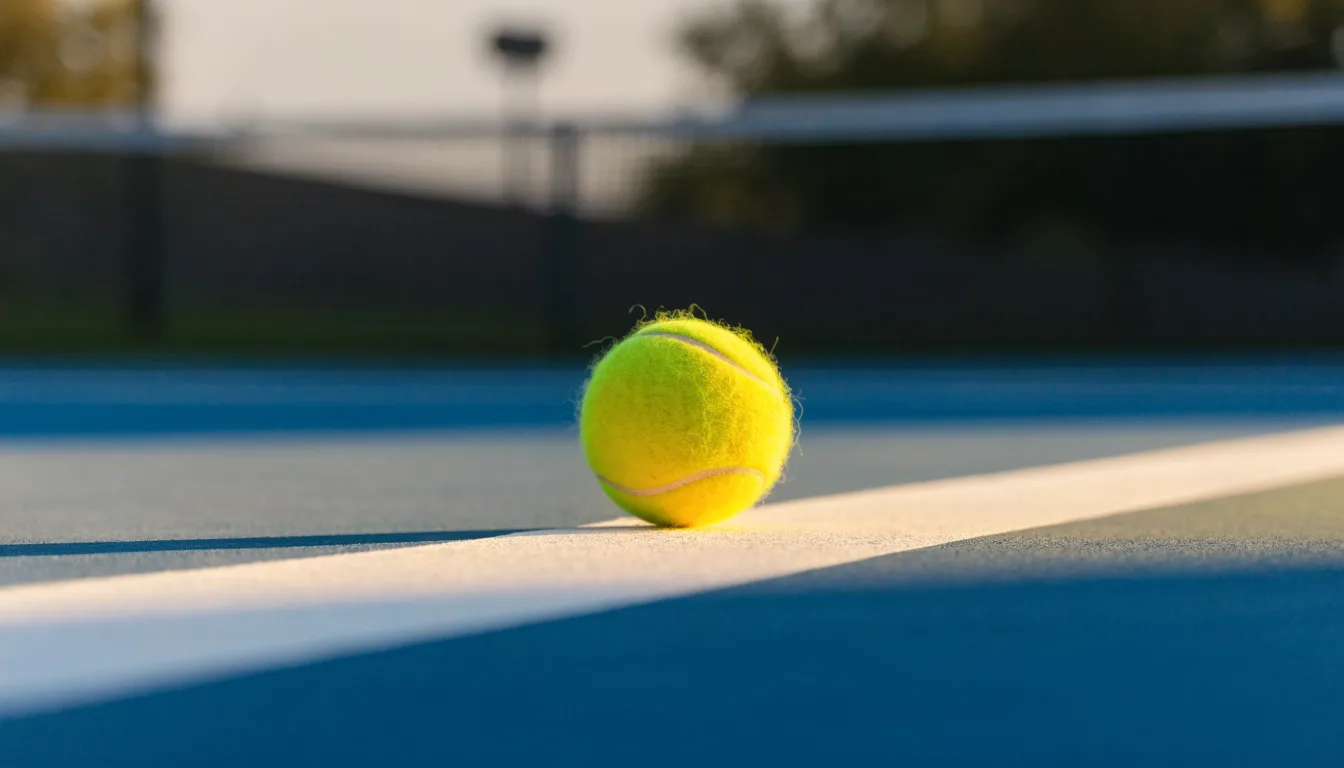 Ein Tennisball liegt in Nahaufnahme auf einer Grundlinie, dahinter verschwimmt ein leerer Platz in warmem Licht.