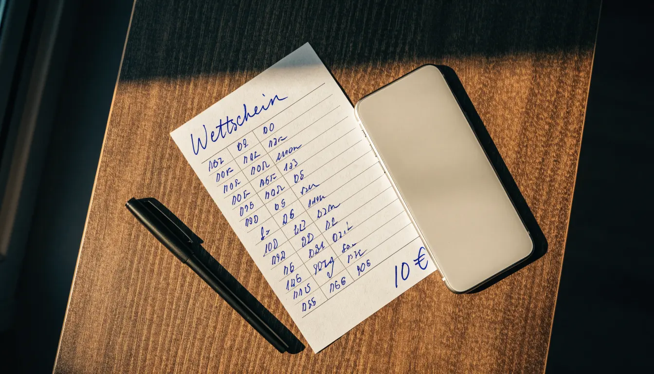 Ein Smartphone mit dunklem Display liegt neben einem leeren Papier-Wettschein auf einem Tisch, Licht fällt von der Seite.