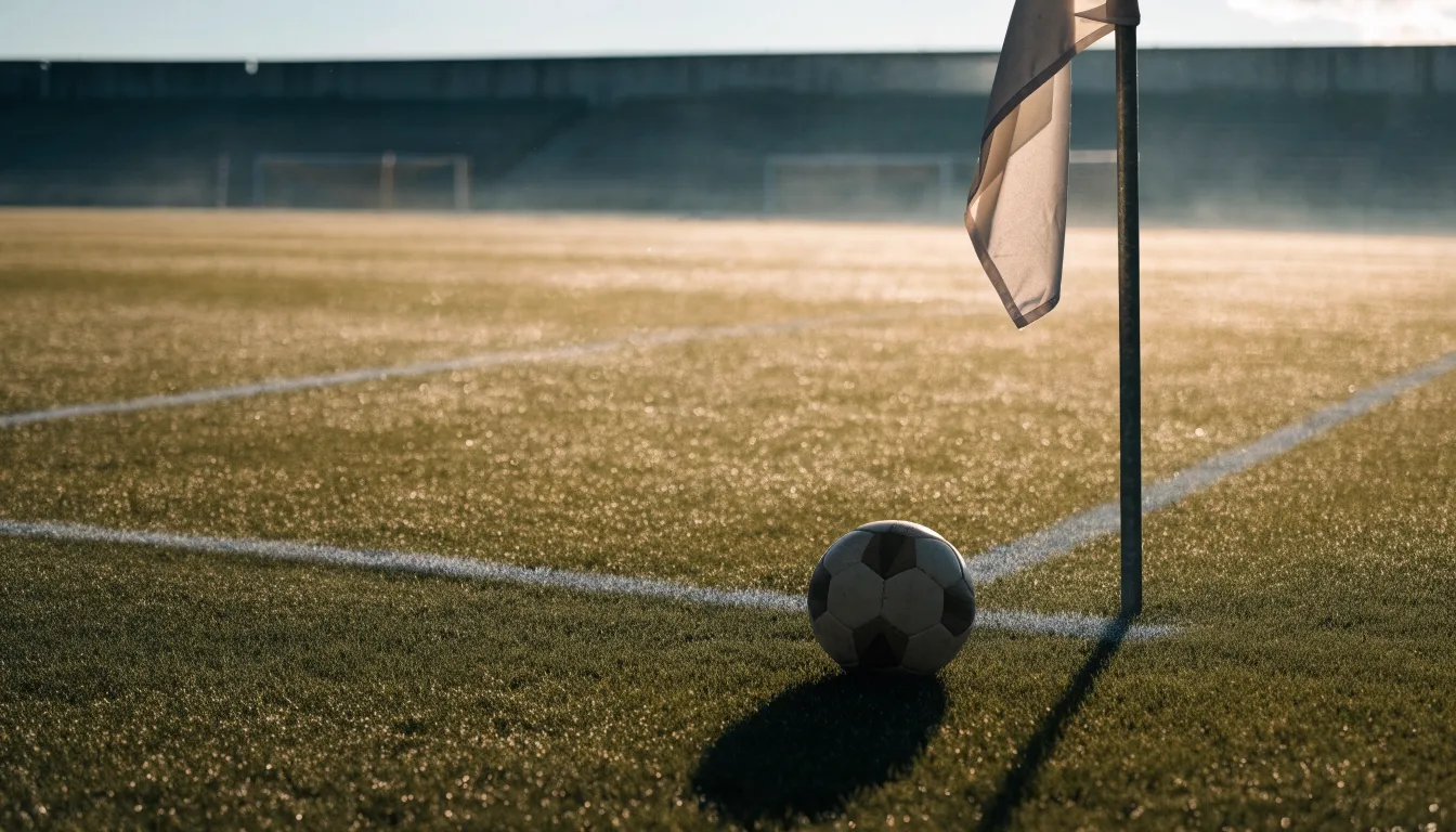 Ein Fußball liegt auf Rasen neben einer Eckfahne ohne Aufdruck auf einem leeren Platz im Morgenlicht.