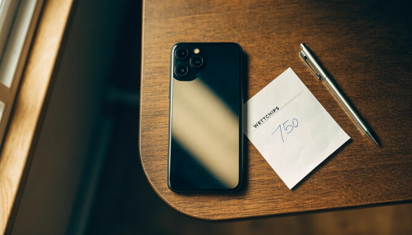 Ein Smartphone liegt mit dunklem Display neben einem leeren Papier-Wettschein und einem Stift auf einem Holztisch.