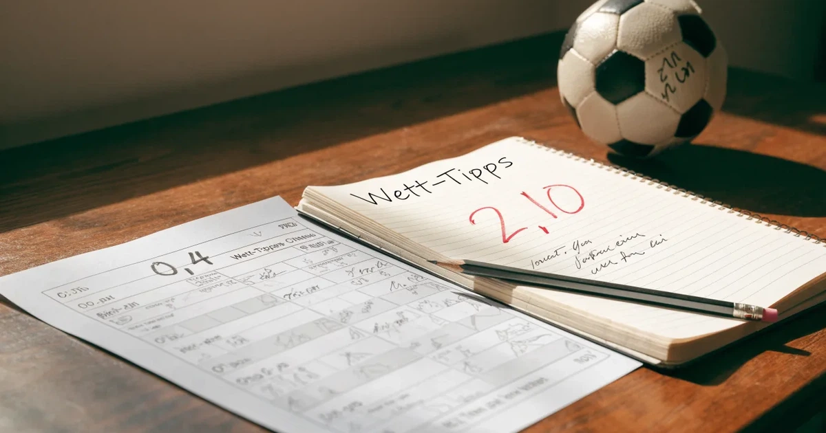 Ein Notizbuch mit handschriftlichen Notizen und einem Bleistift liegt auf einem Holztisch, daneben ein kleiner Fußball im Tageslicht.