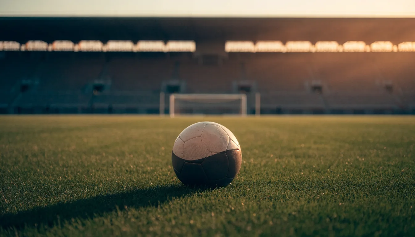 Ein Fußball liegt auf dem Anstoßpunkt eines Rasenplatzes, dahinter eine leere Tribüne im Abendlicht.
