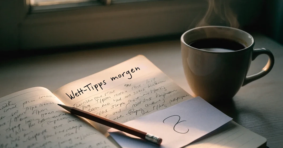 Eine Kaffeetasse, ein Notizbuch mit handschriftlichen Notizen und ein Bleistift auf einem hellen Schreibtisch am Morgen.