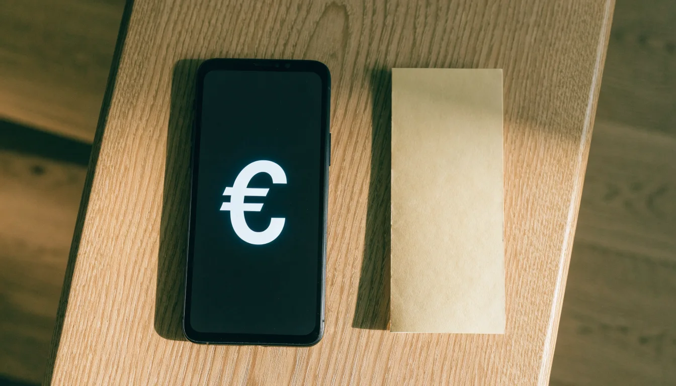 Ein Smartphone mit dunklem Display liegt neben einem leeren Papier-Wettschein auf einem Holztisch, Licht fällt von der Seite.