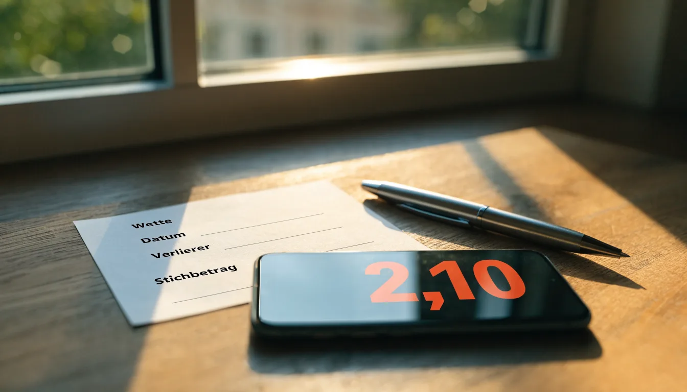 Ein leerer Papier-Wettschein und ein Kugelschreiber liegen neben einem Smartphone mit dunklem Display auf einem Schreibtisch am Fenster.
