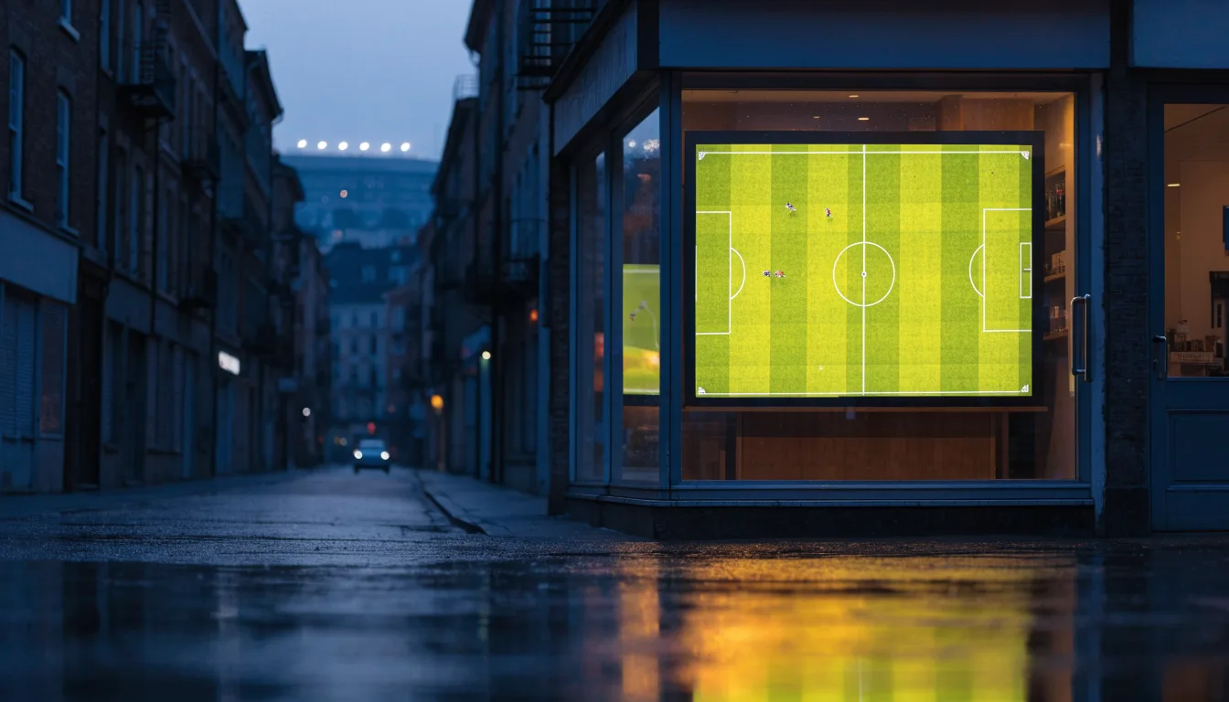 Ein Stadion unter Flutlicht aus großer Entfernung, davor eine leere Straße in der Abenddämmerung.